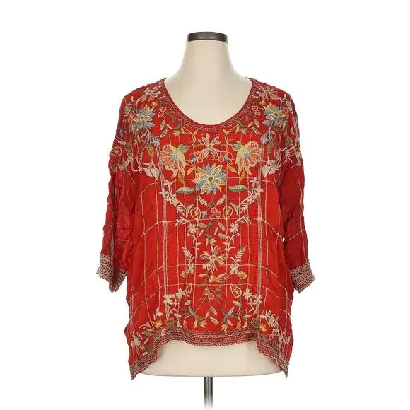 Johnny Was Sienna Shirt Top XL Cayenne Heavily Embroidered Side Slits Relaxed - Picture 2 of 8